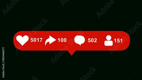 animated social media notification icons with numbers for likes shares comments and followers on a dark background showing popularity increase	