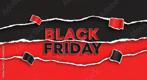 Black Friday Sale Announcement with Torn Paper and Red Flags