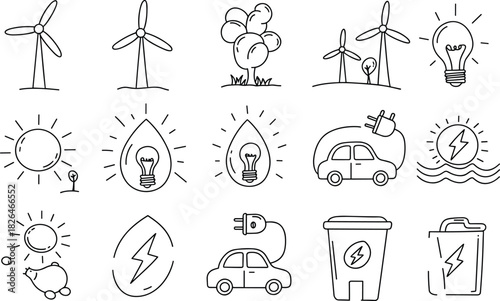 Hand-Drawn Sketch Icon Set of Sustainable Green Energy and Eco-Friendly Technology: Featuring Wind Turbines, Solar Power, Electric Vehicles, and Renewable Electricity Ideas