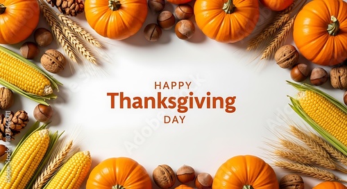 Festive Thanksgiving banner with a natural border of pumpkins, corn, wheat, and nuts on a clean white background, perfect for holiday greetings