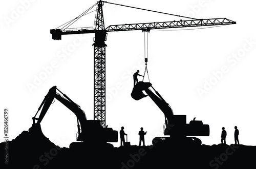 Heavy construction machinery industrial site black and white silhouette vector: towering crane, powerful excavators, and diligent construction workers creating infrastructure for urban 