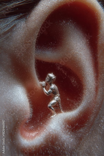 Surreal tiny devil figure whispering into human ear for symbolic concept imagery