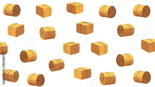 A pattern of hay bales both round and rectangular on a white background