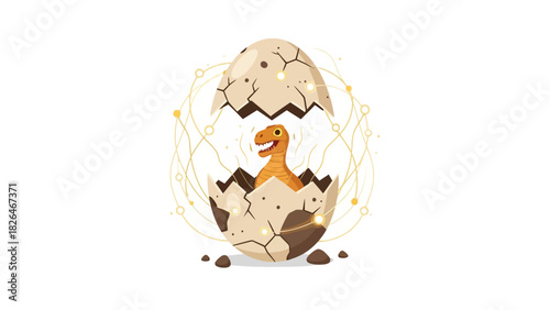 A pixel art dinosaur hatching from a cracked egg with glowing yellow lines