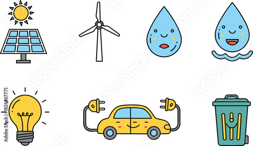 Sustainable Ecology and Green Energy Icons Set: Solar Panels, Wind Turbine, Water Conservation, Electric Vehicle, Light Bulb, and Recycling Bin for Eco-Friendly, Environmental Protection,
