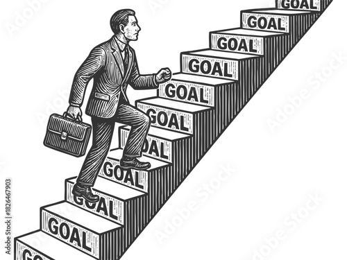 businessman climbing a staircase labeled Goal on each step, progress, ambition, and success sketch engraving generative ai fictional character vector illustration. Scratch board. Black and white.