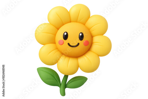 Smiling cartoon sunflower character with yellow petals and happy face, a cute 3d emoji icon isolated on transparent background