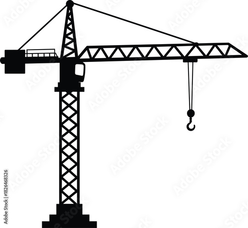 Tower crane vector silhouette black icon graphic construction site machinery symbol building industry engineering lifting equipment object heavy job silhouette abstract modern minimal design element.