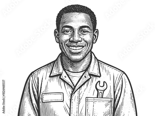 cheerful male mechanic in uniform and cap, symbolizing skilled labor and craftsmanship sketch engraving generative ai fictional character vector illustration. Scratch board. Black and white image.