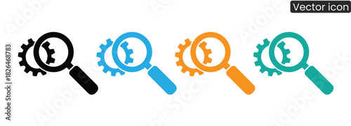 Magnifying glass examines interlocking gears, perfect for illustrating engineering solutions, technological innovation, or process optimization in vibrant, modern designs.