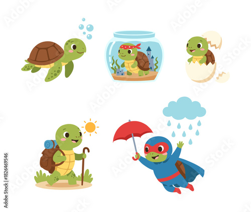 Cute cartoon turtle characters performing various actions