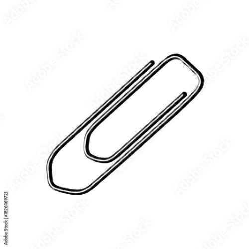 Halftone illustration of a classic metal paperclip. Minimal, simple contour style with dotted shading. Symbolizes office work, organization, stationery, and minimalistic design.