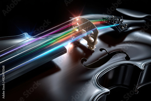 Vibrant light beams emerge from a violin showcasing its musical essence and craftsmanship