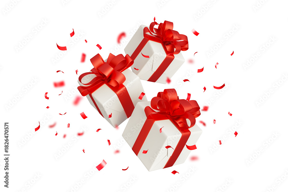 Obraz premium christmas gift boxes with red ribbon and confetti flying isolated on white 