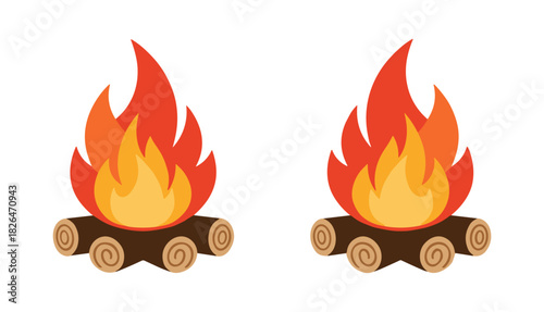 Campfire vector illustration showing burning wood logs
