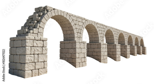 Foto Isolated ancient stone aqueduct with arches, made of bricks, in perspective, his