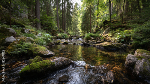 A stream flowing through a lush green forest with moss covered rocks and tall trees