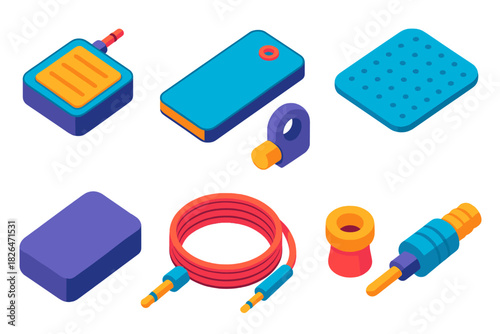 Tattoo Equipment Icons. Isometric vector illustration set Tattoo equipment – foot pedal connector, pedal board, cable clip; floor