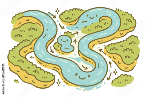 Cheerful River Dynamics. Magical doodle floodplain dynamics with cheerful rivers, cartoon oxbow lakes forming, smiling banks, and