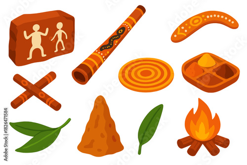 Aboriginal Cultural Icons. Isometric vector illustration set Cultural heritage – Aboriginal rock art panel, didgeridoo, boomerang;