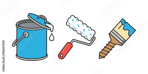 Paint bucket, roller, and brush for home renovation