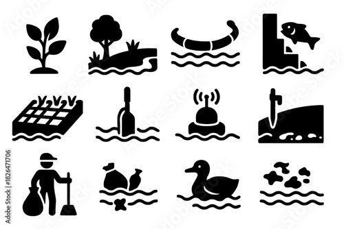 River Ecosystem Icons. Solid style icons of River ecosystem restoration: native plant, riparian zone, floating booms, fish ladder,