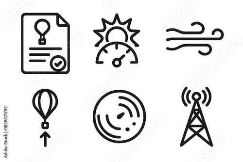 High-Altitude Ballooning Icons. Line style icons of High-Altitude Ballooning: launch permit document, UV exposure chart,