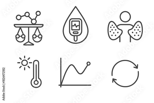 Metabolic Balance Icons. Line style icons of Metabolic Homeostasis: balance scale with molecules, blood sugar regulation, hormonal
