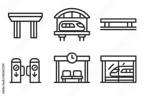 Maglev Train Icons. Line style icons of maglev train infrastructure: elevated track line, urban maglev station, maglev platform