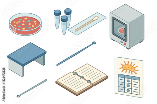 Microbiology Lab Essentials. Isometric vector illustration set of Microbiology lab: bacterial colony on agar, microcentrifuge