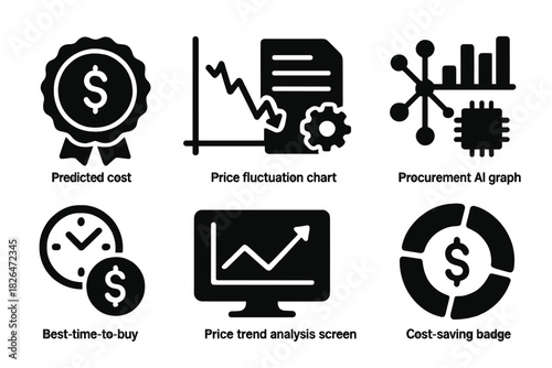 Pricing Optimization Icons. Solid style icons of pricing optimization: predicted cost badge, price fluctuation chart, smart