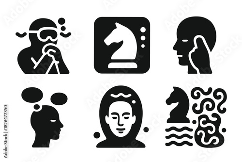 Mental Focus Icons. Solid style icons of mental focus under pressure: deep thought diver, focused chess piece icon, underwater
