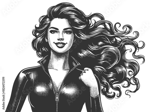 woman with wavy hair and zipped leather outfit sketch engraving generative ai fictional character vector illustration. Scratch board imitation. Black and white image.