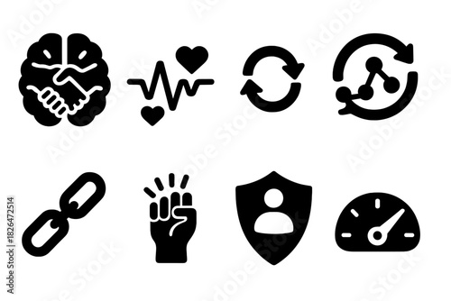 Trust Iconography. Solid style icons of trust and connection: brain handshake symbol, oxytocin wave, trust loop icon. Social brain