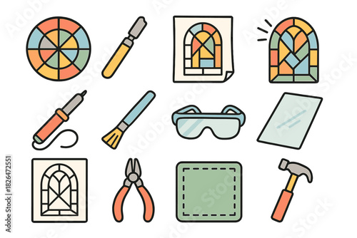 Stained Glass Tools Icons. Line style icons of Colorful Windows: Lead Came, Glass Cutter, Cartoon Draft, Light Reflection;