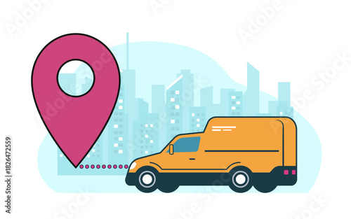 A delivery van in a minimalist style rides to its destination on the background of an abstract cityscape. Vector illustration.