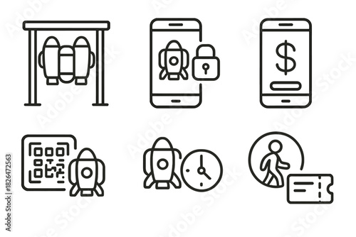 Jetpack Rental Icons. Line style icons of jetpack rental services: jetpack on rental rack, app to unlock flight gear,