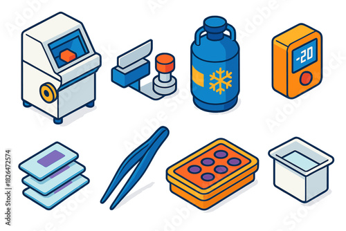 Science Lab Equipment. Isometric vector illustration set Science lab equipment – cryostat, microtome blade, sample chuck;
