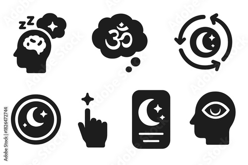 Night Affirmation Icons. Solid style icons of nighttime affirmations: “I will realize I’m dreaming” glyph, mantra thought bubble,