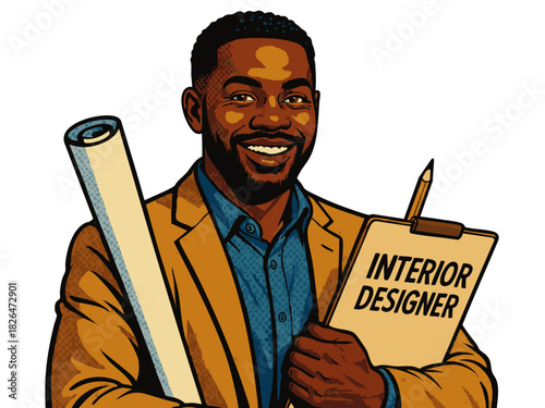cheerful male interior designer with blueprints and a labeled folder, symbolizing creativity and design work. Generative ai vector colorful pop art illustration.