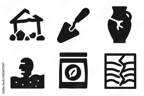 Disaster Archaeology Icons. Line style icons of Disaster Archaeology: collapsed structure, excavation trowel, fractured pottery,