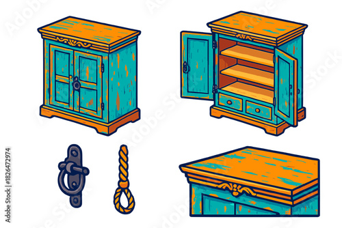 Antique Armoire Icons. Isometric vector illustration set Antique furniture – Shabby chic armoire, distressed paint, paneled doors;