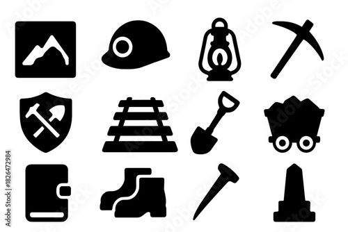 Mining Heritage Icons. Solid style icons of Mining Heritage: Old Photo, Helmet, Lantern, Pickaxe, Badge, Rail Track, Shovel, Ore