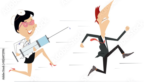 Smiling doctor woman with a big syringe chasing patient