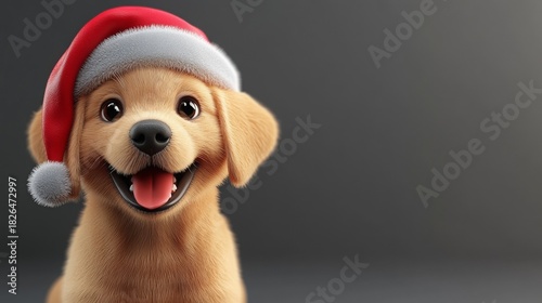 A cute smiling puppy wearing a Santa hat, rendered in a 3D cartoon style on a simple gray background. Space for text