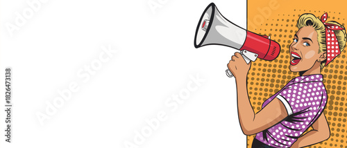 A beautiful retro woman in pop art style shouts into a loudspeaker with a blank banner. Comic book style.