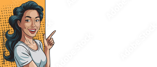 A beautiful Asian woman in pop art style with a blank banner. Comic style.