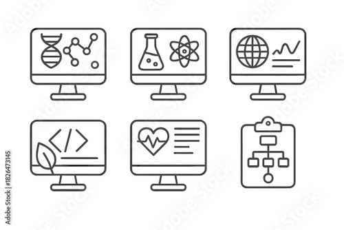 Virtual Lab Icons. Line style icons of interdisciplinary virtual labs: bioinformatics simulation, chem-physics crossover test,