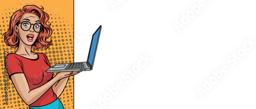 A beautiful pop art woman with a laptop and a blank banner. Comic book style pop art.
