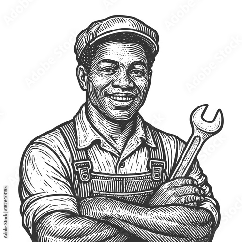cheerful male mechanic in uniform and cap, symbolizing skilled labor and craftsmanship sketch engraving generative ai fictional character vector illustration. Scratch board. Black and white image.